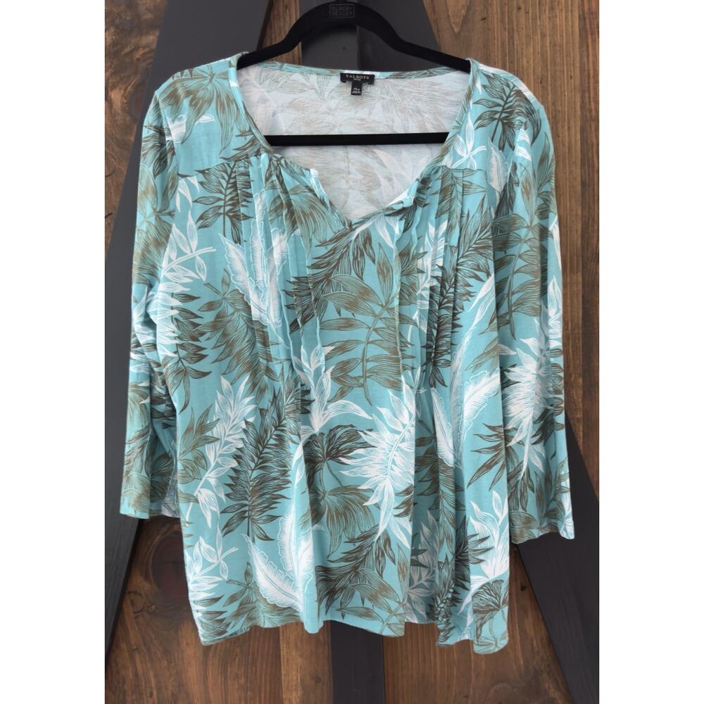 TALBOTS PLEATED TURQUOISE PALM FROND 3/4 SLEEVE SPLIT NECK SHIRT SIZE XLP